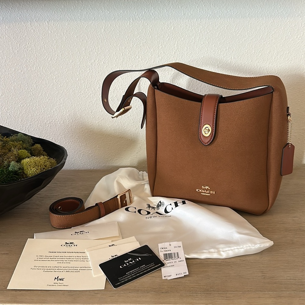 NWOT Coach Hadley Suede Convertible Crossbody in Sienna Brown and Gold